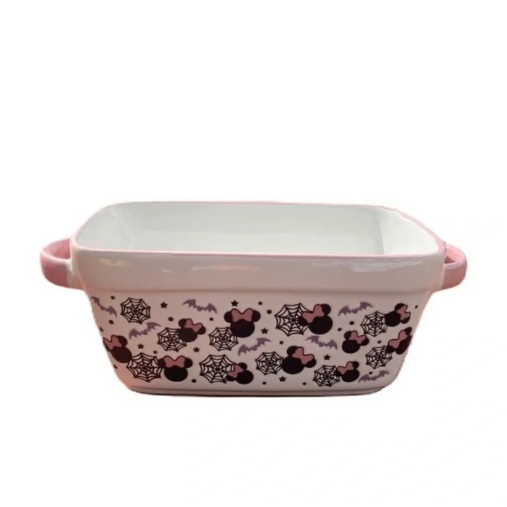 Disney Minnie Mouse Baking Dish NEW Halloween Spider Web Pink Handles Loaf Bread